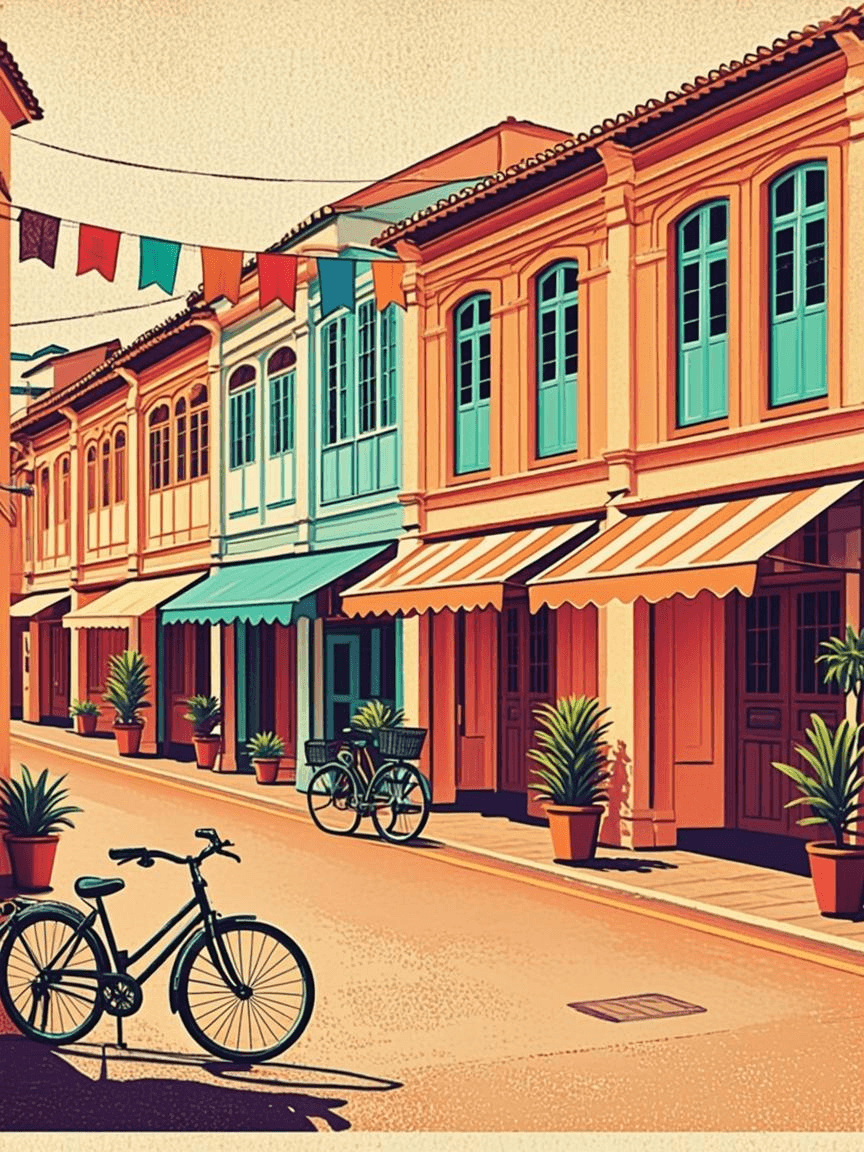 Risograph print of Malaysian shophouses in orange and teal ink