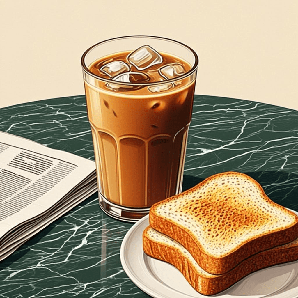 Risograph print of a kopitiam table with iced coffee and toast