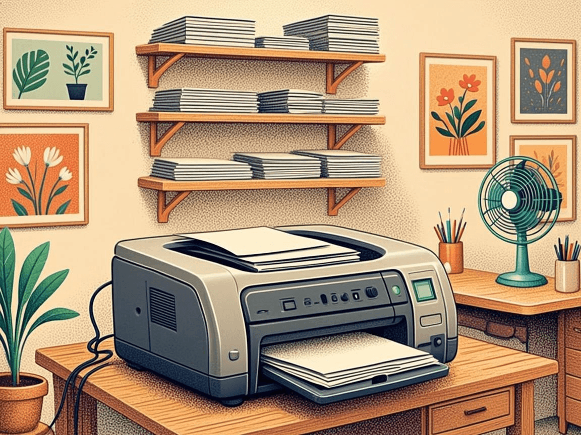 The Kaki Cetak studio: a risograph machine surrounded by paper stacks and pinned prints