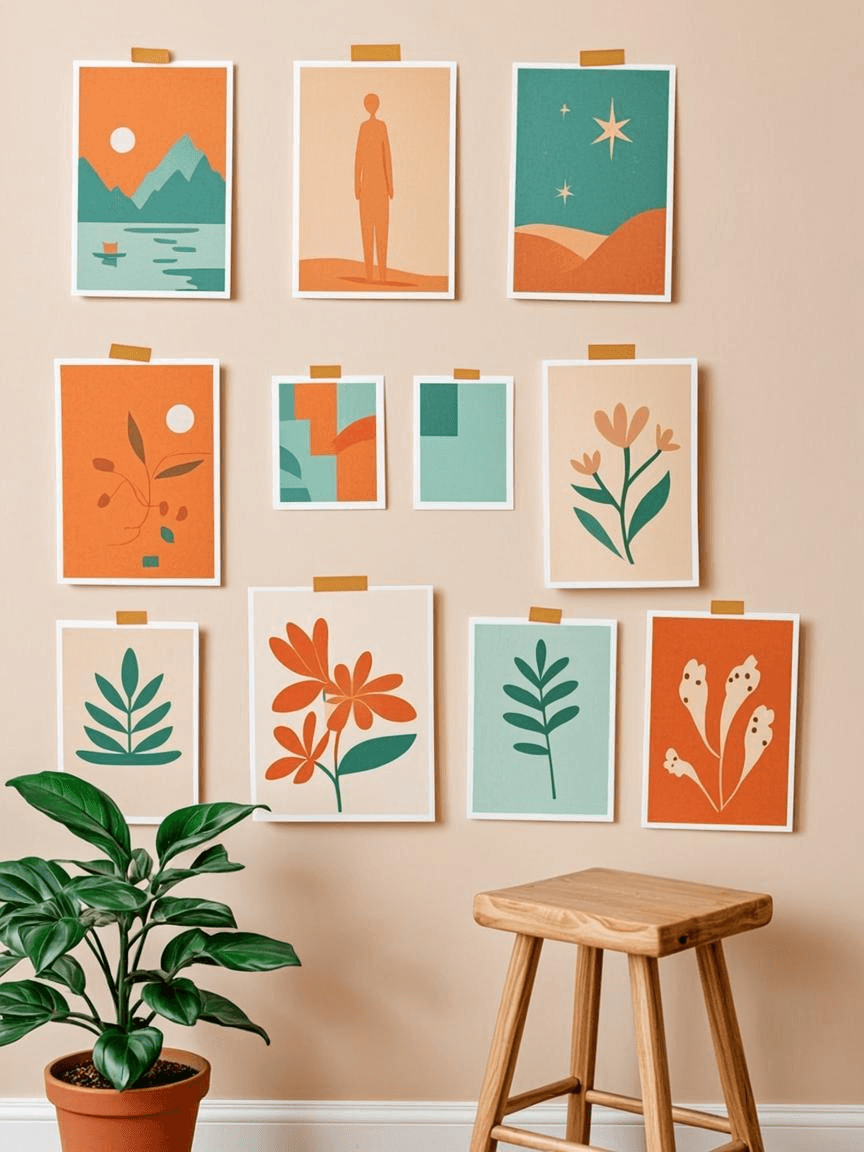 A wall of aligned risograph prints pinned in a grid